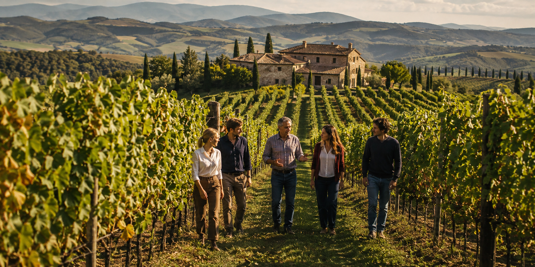 Small group visiting an Italian vineyard and winery