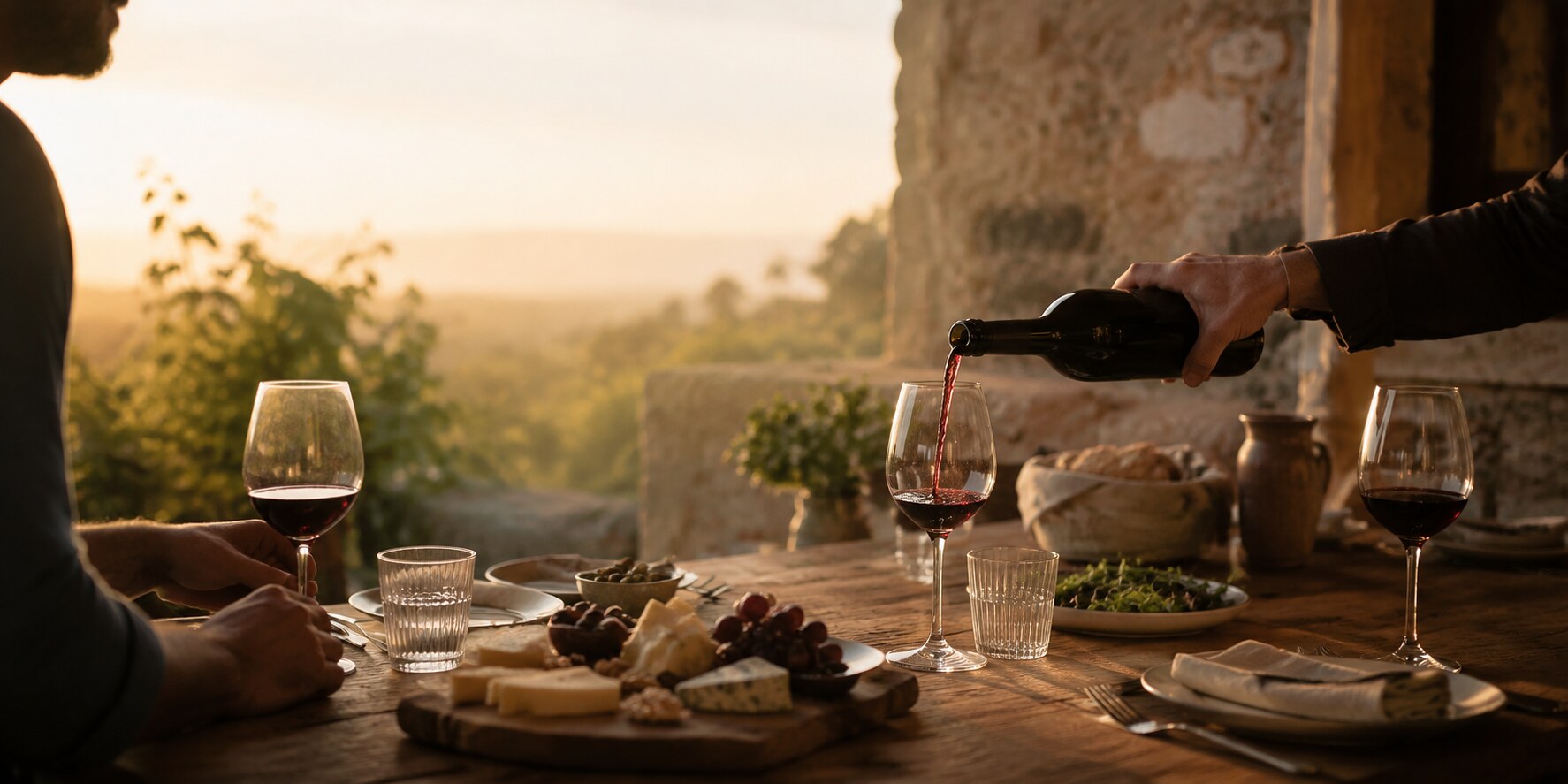 Sharing a selected wine at the table at sunset